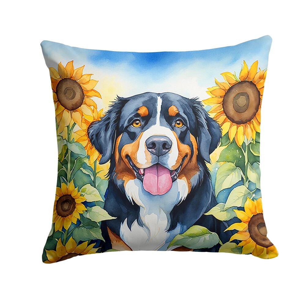 9202 in Sunflowers Throw Pillow, 18Hx18W, Bernese Mountain Dog 6026